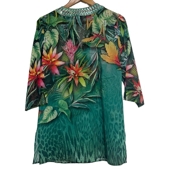 Chico's Tropical Print Semi Sheer Embellished Tunic Size 4/6 - Picture 5 of 9